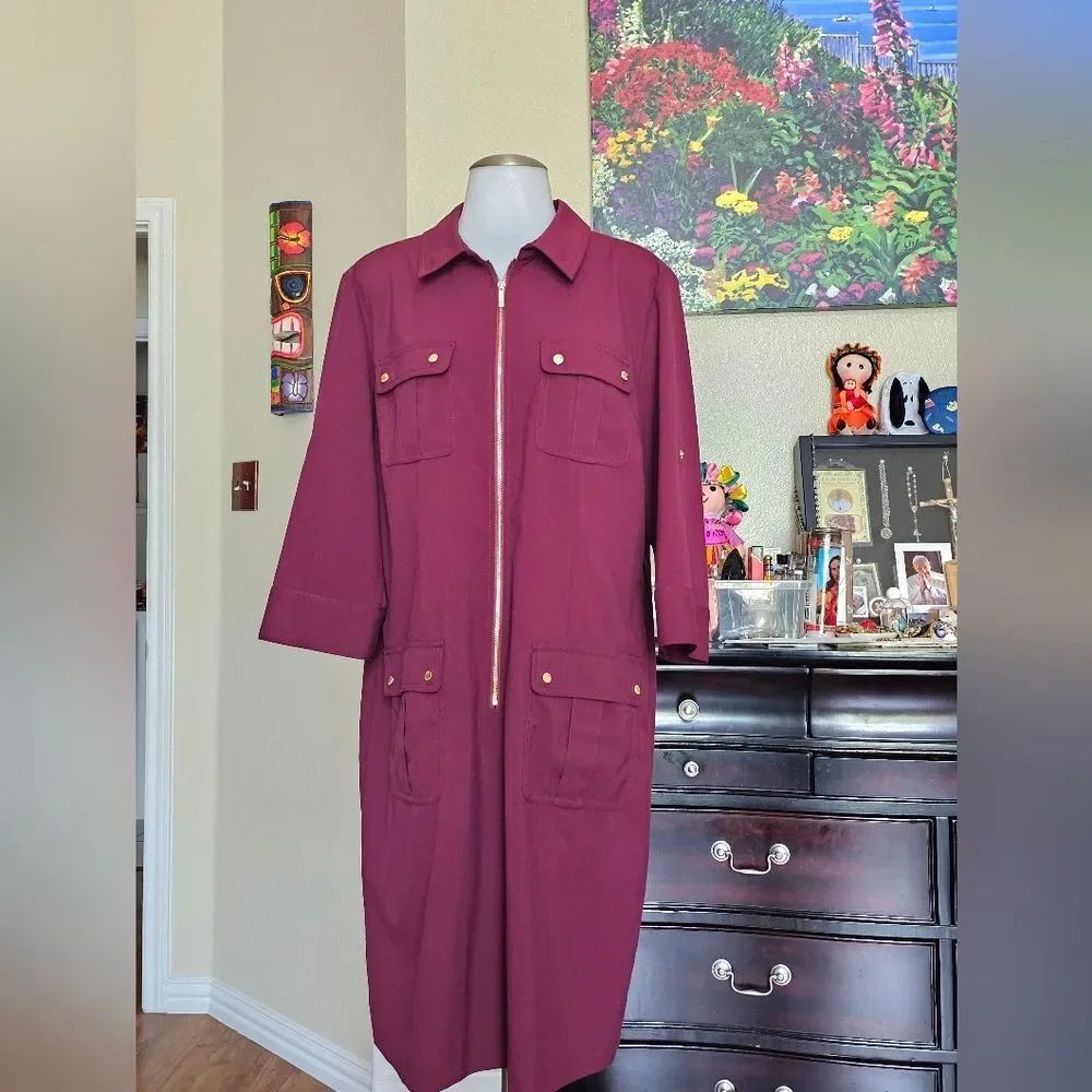 Michael Kors Burgundy Utility Dress with Gold Accents